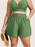 High Waisted Pockets Solid Pleated Swim Shorts - Image 27