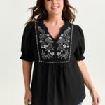 Supersoft Floral Embroidered Notched Collar Blouse