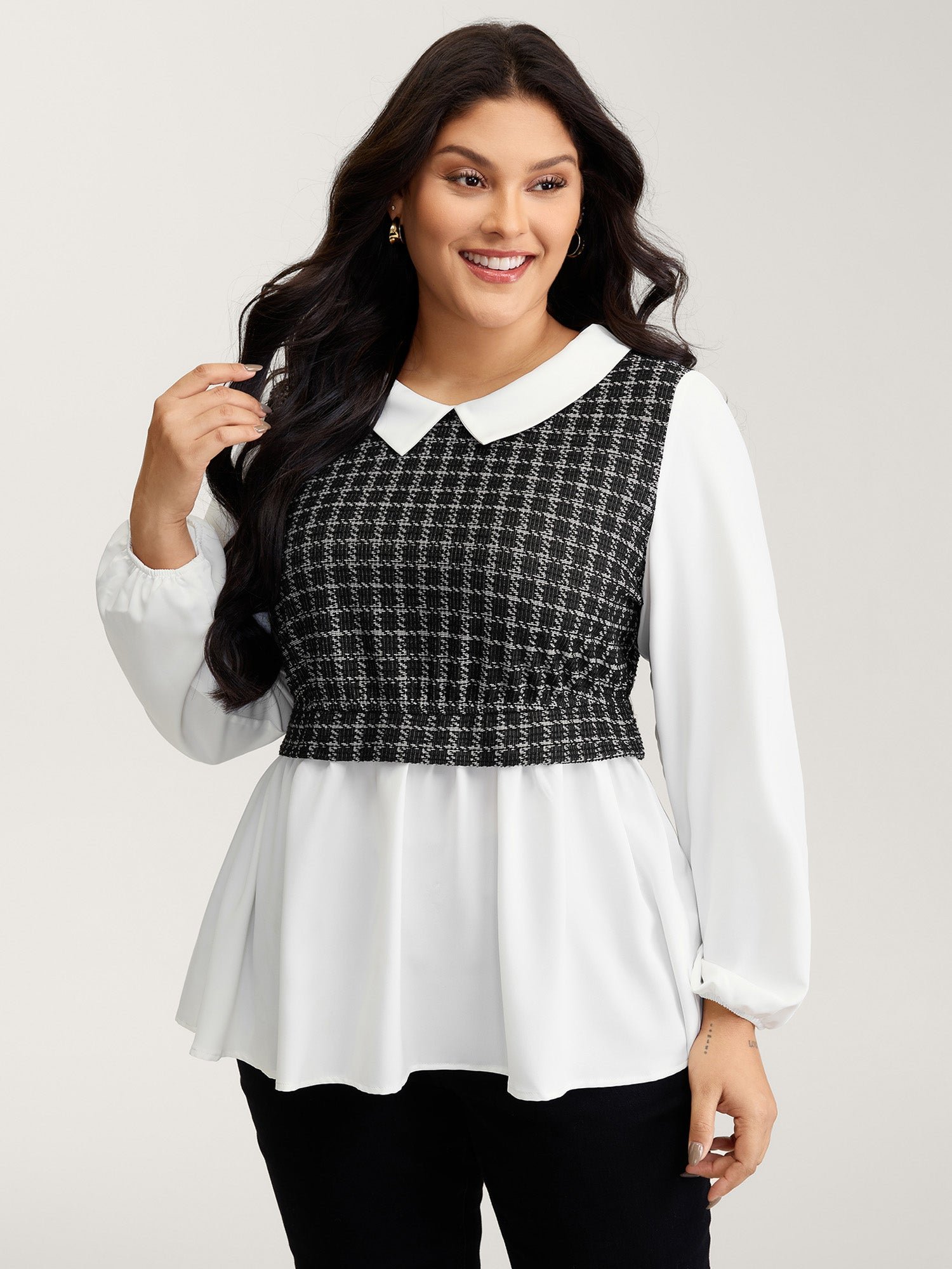 332822331_mf.jpg Houndstooth Pattern Color Contrast Blouse - Image 1