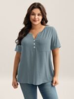 Solid Split Neck Button Detail T-Shirt - Image 13