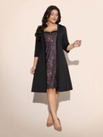 Heart Neckline Patchwork Sequin Button Detail Dress - Image 13