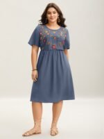Floral Embroidered Waist-Cinched Midi Dress - Image 16