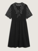 Striped Ribbon Neckline Contrast Midi Dress - Image 7