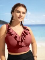Solid Ruffle Surplice Neck Trim Swim Top - Image 5