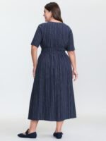 Striped V-Neck Shirred Waist Midi Dress - Image 4