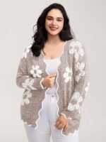 Floral Pattern Open-Front Knitted Cardigan - Image 20