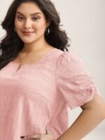 Textured Gathered Sleeve Split Neck Blouse - Image 37