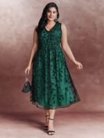 Sequin Embroidery Color Contrast V-Neck Midi Dress - Image 8