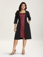 Heart Neckline Patchwork Sequin Button Detail Dress - Image 10