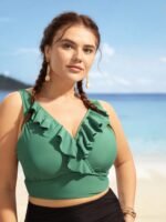 Solid Ruffle Surplice Neck Trim Swim Top - Image 9