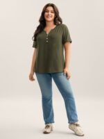 Solid Split Neck Button Detail T-Shirt - Image 3