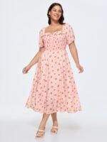Floral Print Shirred Ruffled Neckline Midi Dress