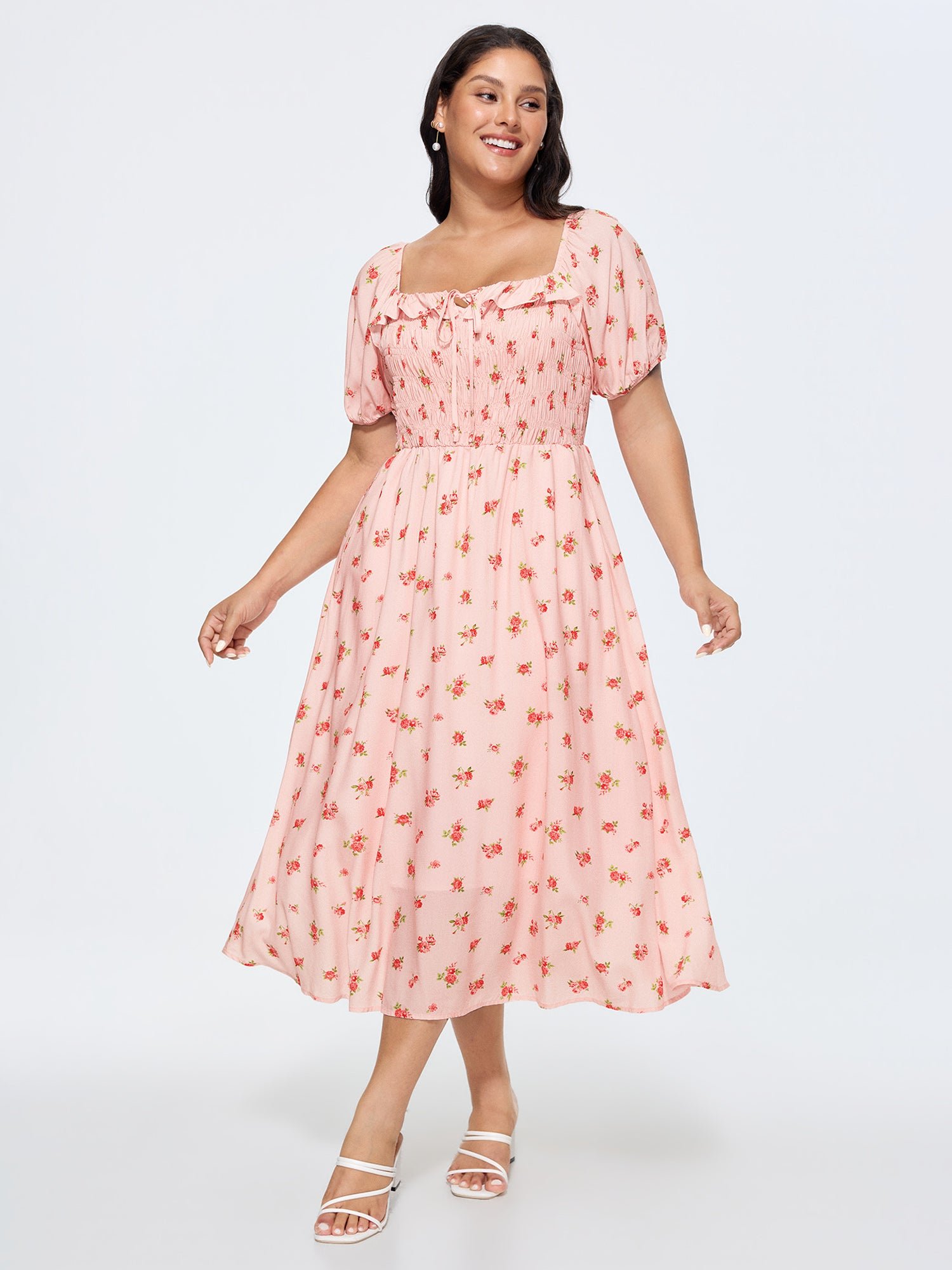 439630325_zp.jpg Floral Print Shirred Ruffled Neckline Midi Dress - Image 1
