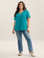 Solid Split Neck Button Detail T-Shirt - Image 19