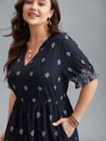 Floral Waist-Tie Notched Collar Midi Dress - Image 2