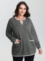 Color Contrast Patch Pockets Split Neckline Pullover