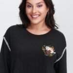 Cat Embroidered Dogstooth Edge Sweatshirt