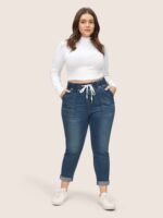 Pull-On Drawstring Folded Hem Boyfriend Jeans - Image 20