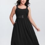 Wide Straps Belted Buckle Detail Midi Dress