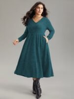 Rib Knit Plain Plisse Long Sleeve Dress