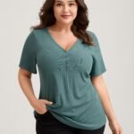 Ribbed Button V-Neck Knit T-Shirt