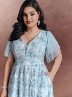 Floral Mesh Embroidered Lotus Leaf Sleeve Midi Dress - Image 2