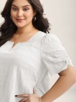 Textured Gathered Sleeve Split Neck Blouse - Image 33