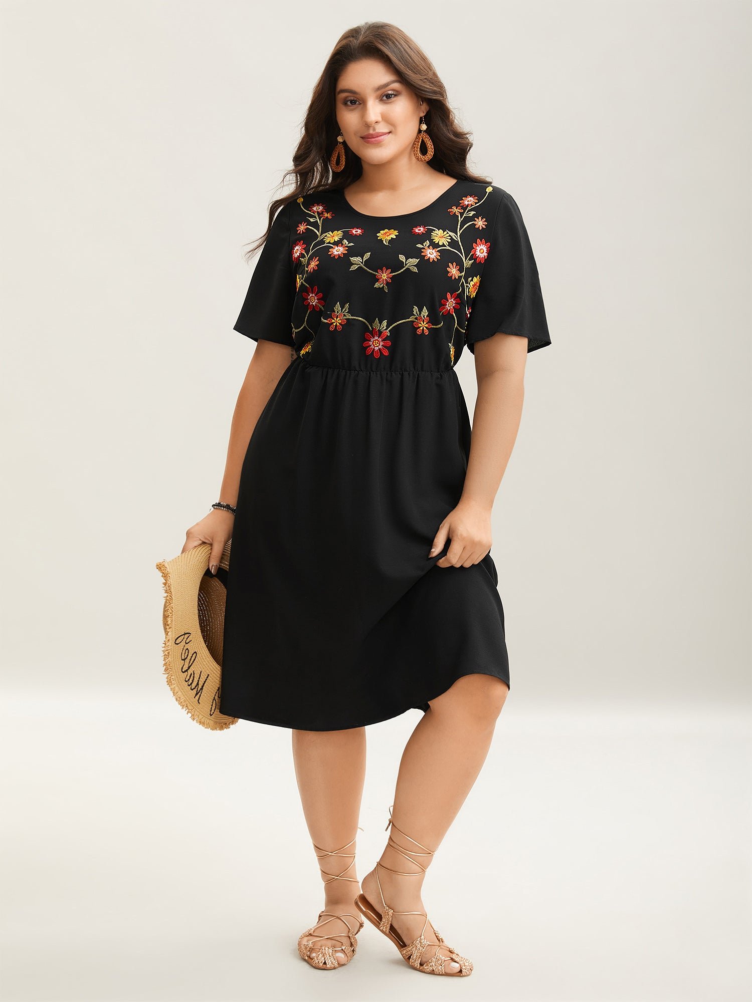 569590137_fp.jpg Floral Embroidered Waist-Cinched Midi Dress - Image 1