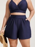 High Waisted Pockets Solid Pleated Swim Shorts - Image 9