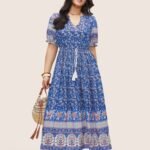 Boho Print Notched Ties Tassel Trim Dress