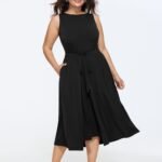 Stretchy Sleeveless Tie Waist Pocket Midi Dress