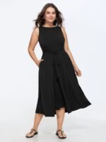 Stretchy Sleeveless Tie Waist Pocket Midi Dress