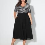 Striped Sequin V-Neck Contrast Midi Dress