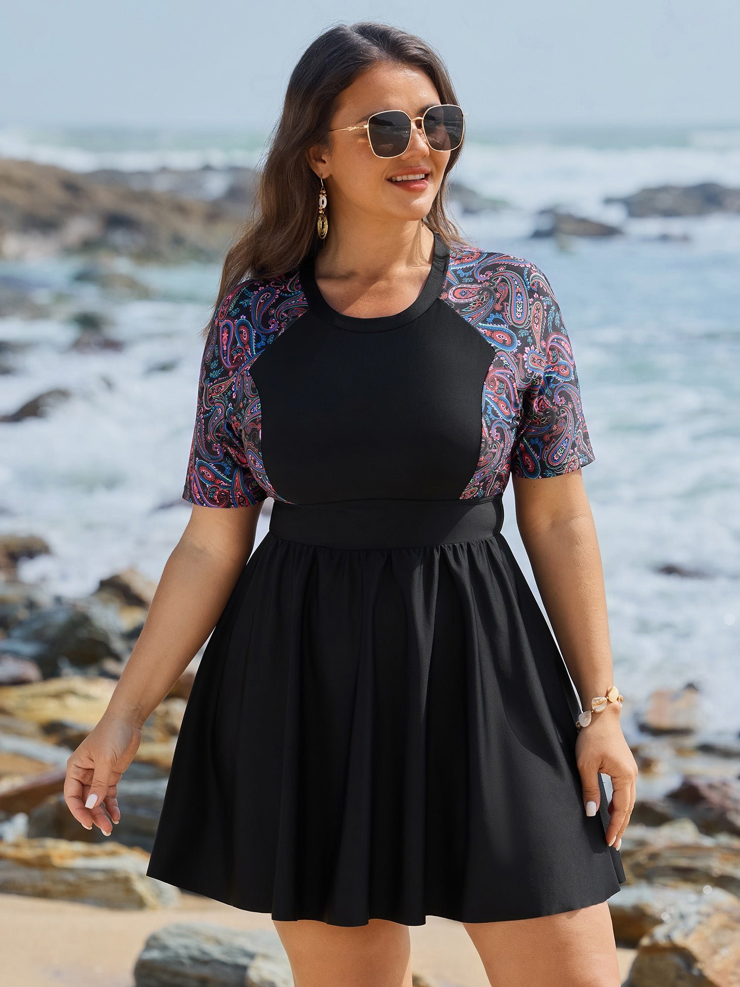 608498922_ng.jpg Floral Color Contrast Pockets Swim Dress - Image 1
