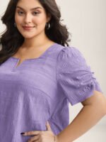 Textured Gathered Sleeve Split Neck Blouse - Image 21
