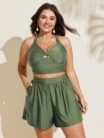 High Waisted Pockets Solid Pleated Swim Shorts - Image 18