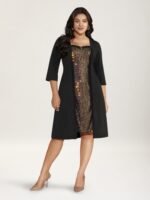 Heart Neckline Patchwork Sequin Button Detail Dress - Image 4