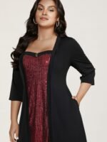 Heart Neckline Patchwork Sequin Button Detail Dress - Image 11