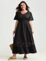Lace Cut-Out Shirred Solid Maxi Dress - Image 10
