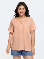 Solid Split Neck Button Detail T-Shirt - Image 52