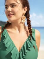 Solid Ruffle Surplice Neck Trim Swim Top - Image 12