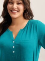 Solid Split Neck Button Detail T-Shirt - Image 18