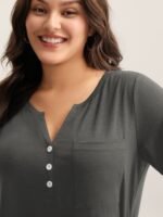 Solid Split Neck Button Detail T-Shirt - Image 45