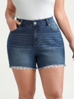 Stretchy Skinny-Fit Lace Trim Stitch Denim Shorts - Image 2