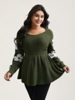 Floral Patch Jacquard Cinched Waist Pullover
