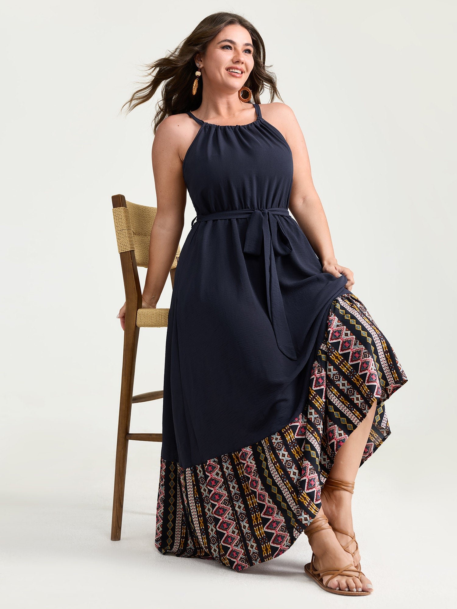 68037940_sn-1.jpg Colorful Boho Striped Hem Halter Neck Maxi Dress - Image 1
