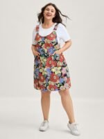 Floral Print Textured Overall Straps Dress
