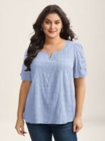 Textured Gathered Sleeve Split Neck Blouse - Image 44