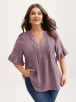 Toothpick Pleats Ruffled Sleeve Solid Blouse - Image 29