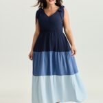 Colorblock Shoulder-Tie Tiered Maxi Dress